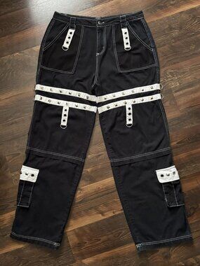 Hot Topic Black & White Grommet Suspender Chain Skater Pants